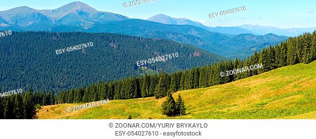 Summer Chornohora mountain ridge view from Vesnjarka plateau (Carpathian, Ukraine). Two shots stitch high-resolution panorama