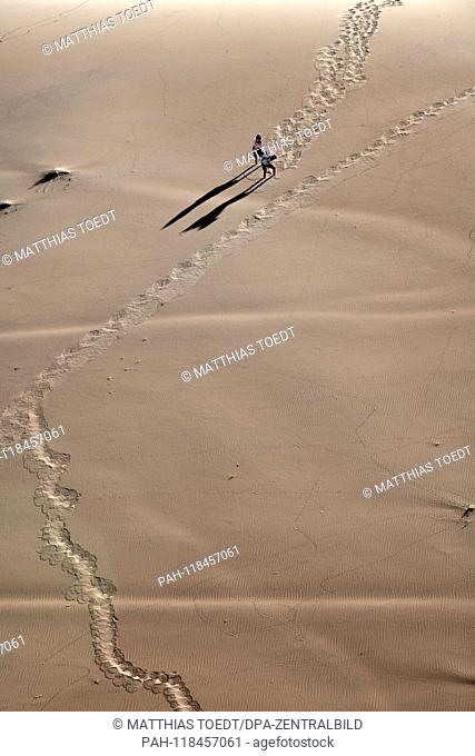 Two tourists walk down the high dunes to the Dead Vlei, taken on 01.03.2019. The Dead Vlei is a dry, surrounded by tall dune clay pan with numerous dead acacia...