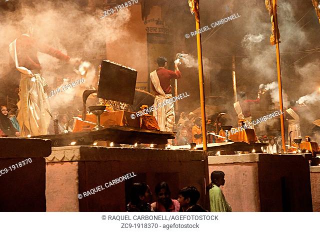 Aarti ceremony in the ghats  Varanasi, Benares, Uttar Pradesh, India