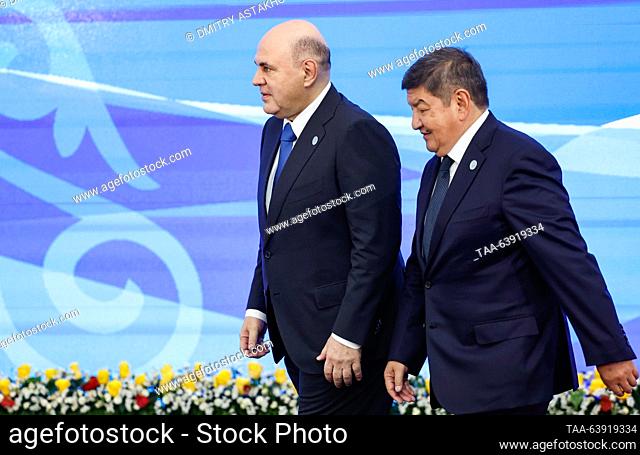 KYRGYZSTAN, BISHKEK - OCTOBER 26, 2023: Russia's Prime Minister Mikhail Mishustin (L) and Kyrgyzstan's Cabinet of Ministers Chairman/ Head of the Presidential...