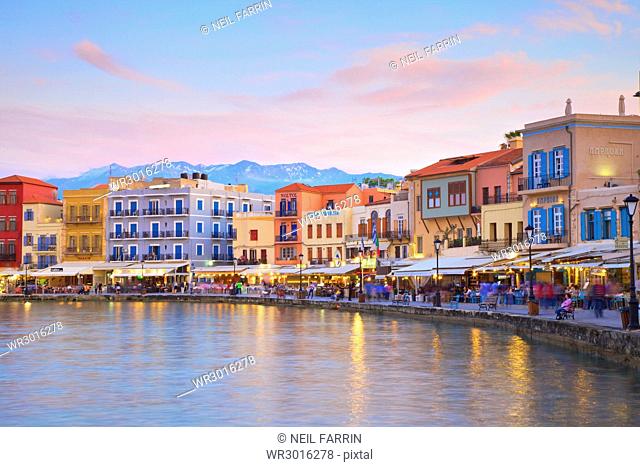 The Venetian Harbour at dusk, Chania, Crete, Greek Islands, Greece, Europe
