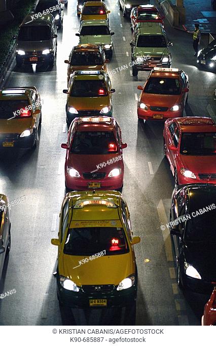 Heavy traffic jam in the night on Sukhumvit Road, Bangkok, Thailand, Southeast Asia