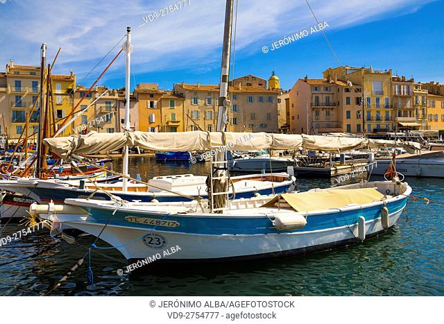 Fishing boats at fishing port, Marina, old harbour. Village of Saint Tropez. Var department, Provence Alpes Cote d'Azur. French Riviera
