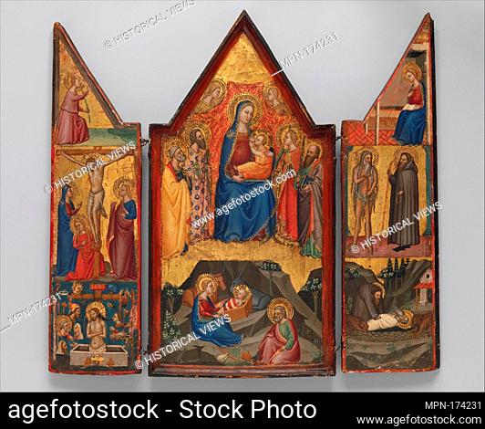 Madonna and Child Enthroned with Saints Peter, Bartholomew, Catherine of Alexandria, and Paul, and (below) the Nativity; left wing (top to bottom): Annunciatory...