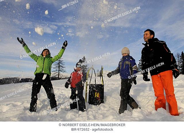 Snowball fight between parents and children on the Pietrarossa Mountain, High Puster Valley or High Puster Valley or Alto Pusteria, Bolzano-Bozen, Italy, Europe