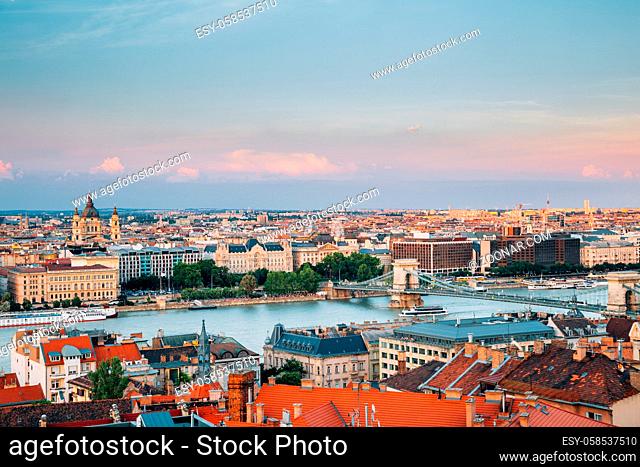 Budapest cityscape and chain bridge on Danube river at twilight sunset in Hungary
