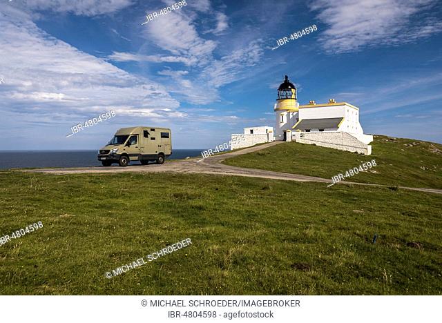 Motorhome at Stoer Lighthouse, near Lochinver, Sutherland, Highlands, Scotland, Great Britain