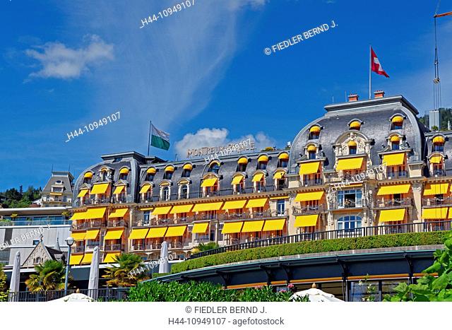 Europe, Switzerland, CH, Vaud, Montreux, Quai, Edouard-Jaccoud, hotel, Montreux Palace, mountains, place of interest, landmarks, tourism, trees, buildings