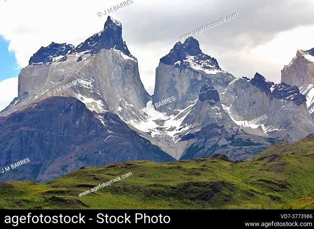 Torres del Paine National Park. Cuernos del Paine. This mountain is a laccolith, light rock is granite and dark rock is a metamorfic rock