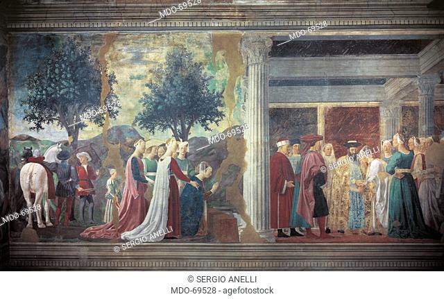 The Legend of the Cross. Adoration of the Holy Wood and Meeting of Solomon and Queen of Sheba, by Pietro di Benedetto dei Franceschi known as Piero della...