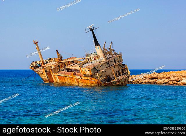 Old ship wreck near coast - Paphos Cyprus - travel background