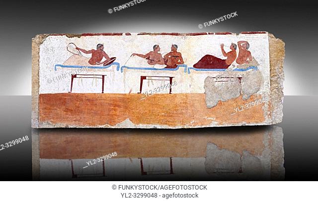 Greek Fresco on the inside of Tomb of the Diver [La Tomba del Truffatore] from the Greek city of Poseidonia which became Roman Paestum