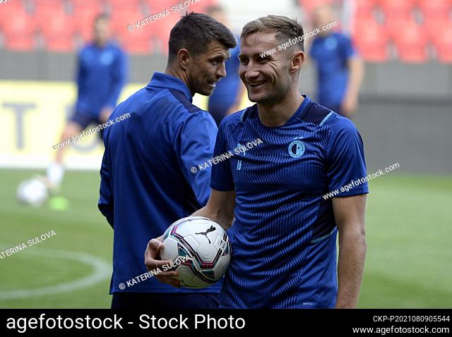 Jan Kuchta (right) of Slavia in action during the training session prior to Football Champions League 3rd qualifying round return match: Slavia Praha vs...