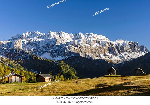 The Sella Mountain Range in the Dolomites of South Tyrol - Alto Adige , seen from the Groeden Valley - Val Gardena. The Dolomites are listed as UNESCO World...