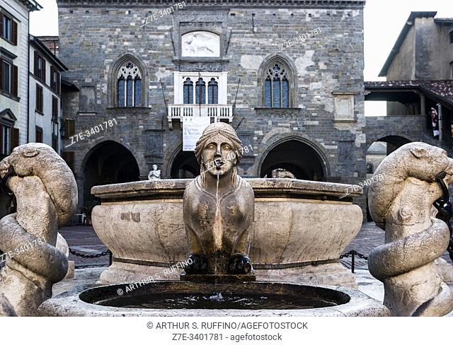 Detail of Contarini Fountain. Piazza Vecchia (Old Square), Upper Town (CittÃ  Alta), Bergamo, Lombardy, Italy, Europe