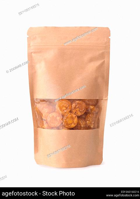 Front view of kraft window paper bag of organic candies isolated on white