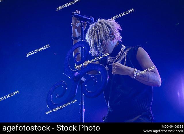 American singer and rapper Iann Dior (Michael Ian Olmo) performs live on stage at the Mediolanum forum before Machine Gun Kelly