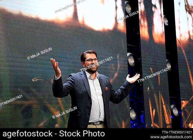 The leader of the Sweden Democrats Jimmie Åkesson delivers a speach at the party's election watch at Elite Hotel Marina Tower Tower in Nacka