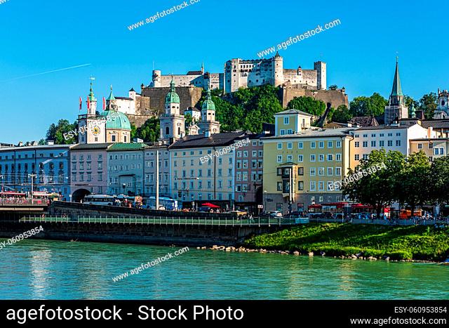 historic centre of the city of Salzburg, a World Heritage Site viewed from the other side of river Salzach