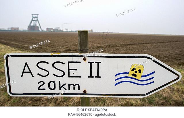 A symbollic sign reads 'ASSE II - 20km' which is placed in front of the premises of the nuclear waste repository 'Schacht Konrad' (Mine Shaft Konrad) in...
