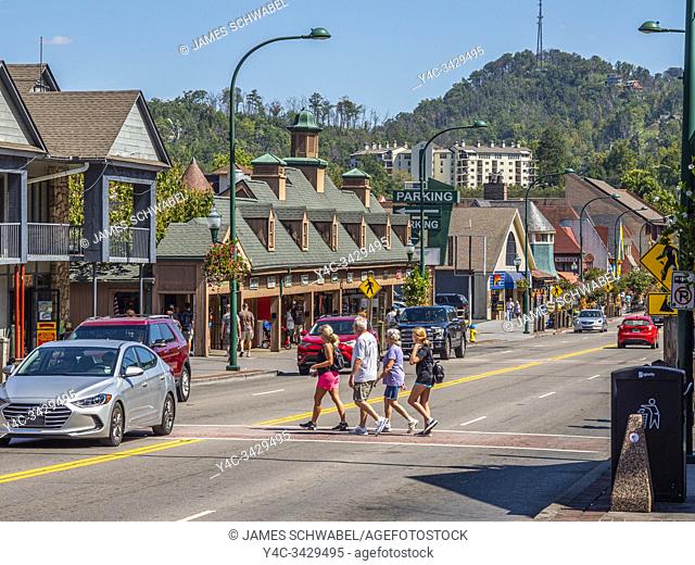 Parkway road though downtown in the Great Smoky Mountains resort town of Gatlinburg Tennessee in the United States