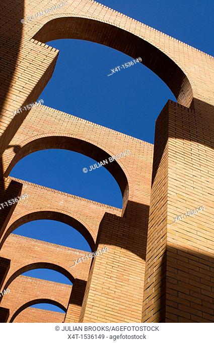 Arches detail, FIBES conference centre, Seville Spain  Red bricks and blue sky