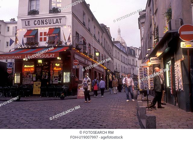 Paris, France, Europe, Montmartre, People walking on the narrow cobblestone streets in the [evening, night] at the Place du Tertre in Montmartre