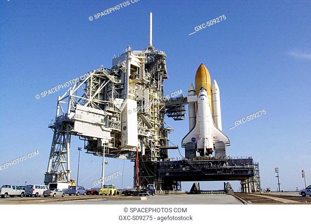 03/23/2002 -- On the launch pad, the payload canister with the S0 Integrated Truss Structure moves up the Rotating Service Structure to the payload changeout...