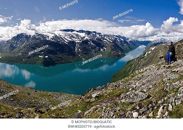 Jotunheimen with the high altitude lake Gjende on the trail over Besseggen, one of the most famous mountain hikes in Norway, Norway, Oppland, Gjendesheim