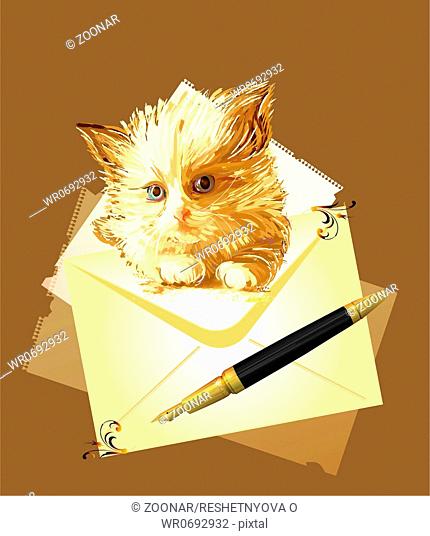 Ginger kitten with envelope. Postage illustration