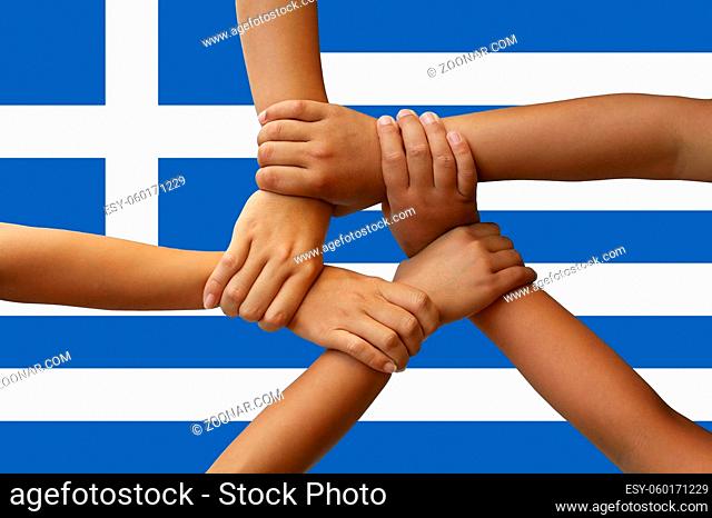Greece flag, intergration of a multicultural group of young people