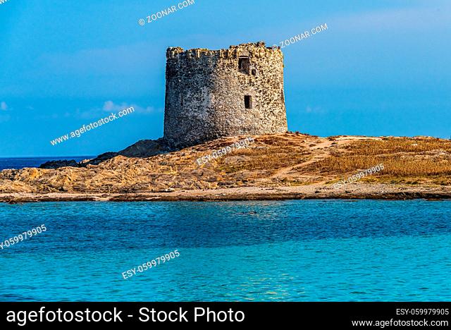 Aragonese Tower on the Piana Island, facing Asinara Island in Stintino, Sardinien