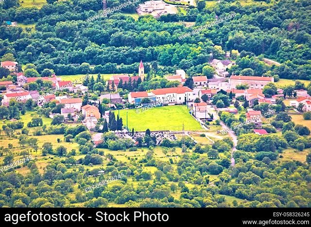 Village of Tribalj in Vinodol valley aerial view, Kvarner region of Croatia