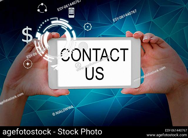 Conceptual caption Contact Us, Business approach Group of person that rendering costumer service through telecom Hands holding tablet presenting innovative...