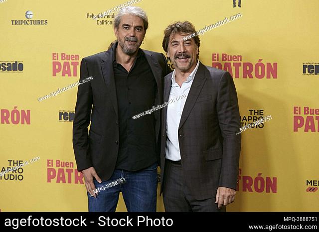 Actor Javier Bardem and film director Fernando Léon de Aranoa attend Premier el buen Patrón at Callao Square on October 15, 2021 in Madrid, Spain