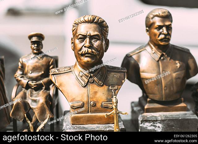 Soviet Leader Josef Stalin. Concept Of Nostalgia For Soviet Union. Miniature Bronze Figurines Of Joseph Stalin