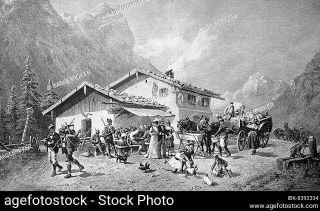 The station at the Schwarzbachwacht, mountain pass between Reichenhall and Berchtesgaden in 1879, Bavaria, Germany, Historical