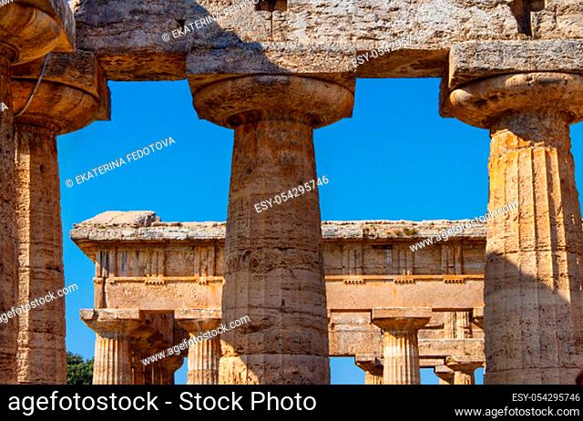 The greek Temple of Hera-II in the archaeological site of Paestum (Poseidonia), Salerno, Campania, Italy