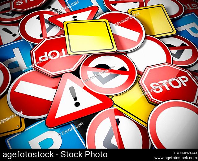 Shiny multi colored traffic signs background. 3D illustration