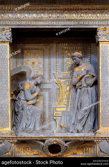Annunciation for the Cavalcanti altar, ca 1435, by Donatello (1386-1466), limestone with gilt, Basilica of Santa Croce (Basilica of the Holy Cross) in Florence