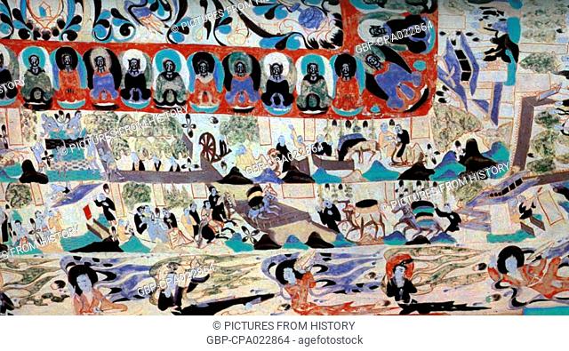 China: Bodhisattvas together with scenes from everyday life. Detail of ceiling fresco from Cave 296 (Northern Zhou Dynasty, 557-581 CE)