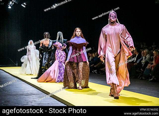 Models show items of the third bachelor year during the end of year fashion show showcasing the creations of students from the bachelor's and master's degree of...