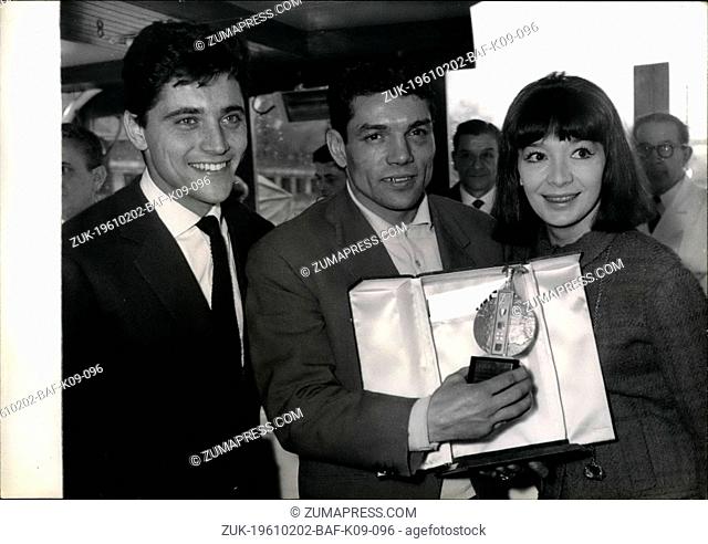 Feb. 02, 1961 - Juliette Greco, Sacha Distel Hand Trophy To Champion Boxer: Isaac Logart and hippolyte Annex who first met at the palais Des sports where they...
