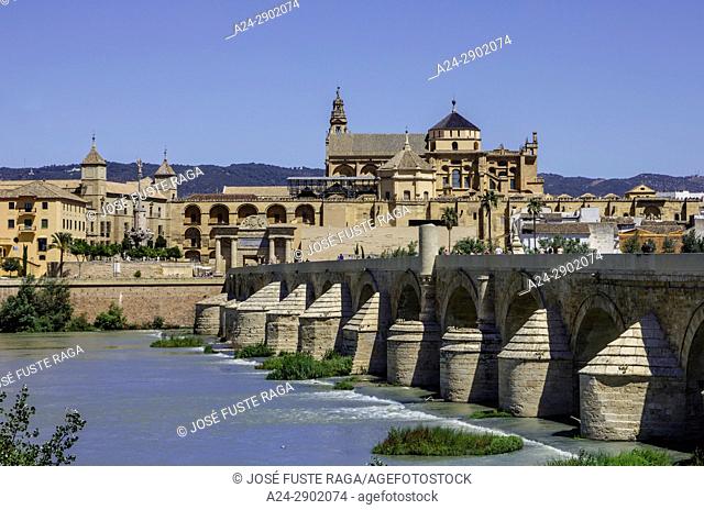 Spain, Andalucia, Cordoba City, The Roman Bridge and Cordoba Mosque (W. H. )