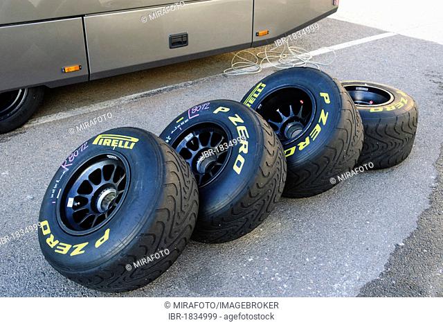 Pirelli Formula 1 racing tyres for wet weather in the paddock at the Circuit Ricardo Tormo near Valencia, Spain, Europe