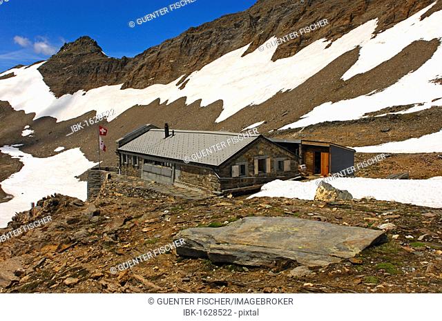 Monte Leone Hut, Swiss Alpine Club hut surrounded by fields of snow in the spring, Pennine Alps, Valais, Switzerland, Europe