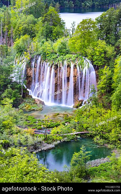 Green forest and waterfall Plitvice national park in Croatia Spring season