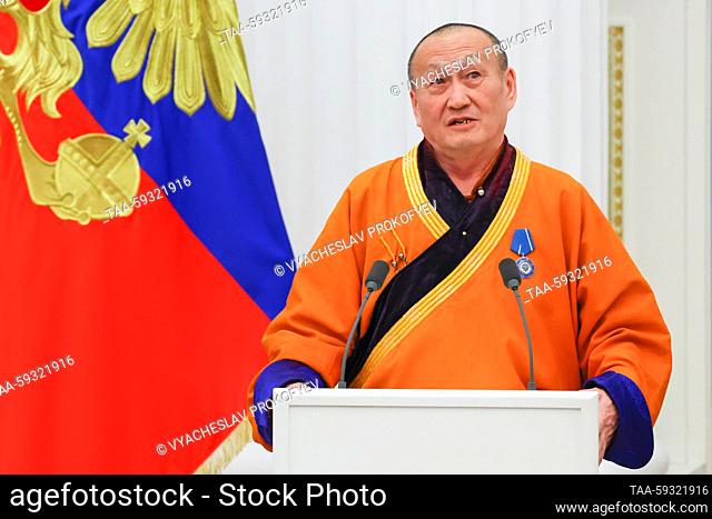 RUSSIA, MOSCOW - MAY 23, 2023: Damba Ayusheev, the 24th Pandito Khambo Lama, Head of the Traditional Buddhist Sangha of Russia, awarded the Order of Honour