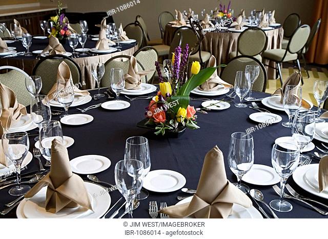 A table set for a banquet in the hotel at the Greektown Casino, Detroit, Michigan, USA