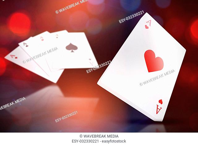 Composite 3d image of playing cards with ace of hearts on top